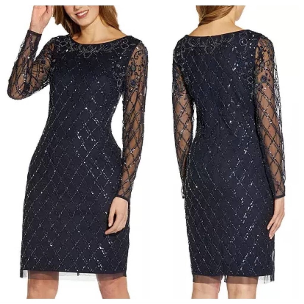 Adrianna Papell Beaded Mini‎ Dress Midnight Blue 6
